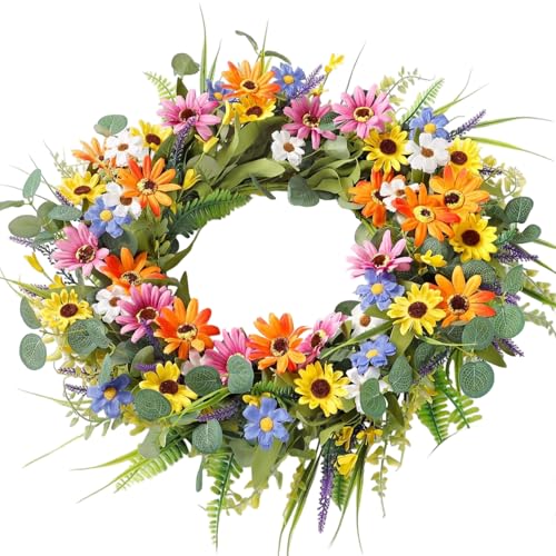 Couronne artificielle de 22 pouces avec fleurs colorées et feuilles d'eucalyptus pour porte - 8