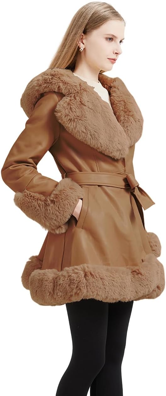GRAN ORIENTE Women's Faux Leather Jacket with Faux Fur Collar, Winter Long Sleeve Furry Trim Peplum Parka Coat with Belt - Image 3