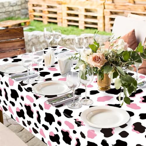 Image of LINHAXM 3 Pack Pink Cow Print Tablecloth - Cow Birthday Party Table Cloth Cow Print Table Cover for Disco Pink Cowgirl Birthday Decorations Supplies, 108 x 54 Inch