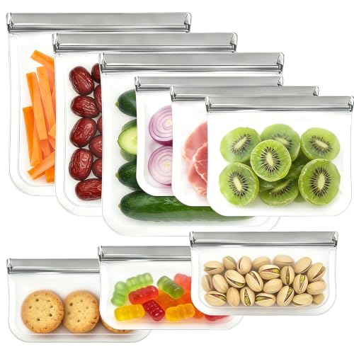 Image of 9 Pack Reusable Silicone Food Storage Bags - Freezer & Dishwasher Safe Leakproof Reusable Bags, Freezer Storage Bags Sets - 3 Gallon 3 Snack 3 Sandwich Bags