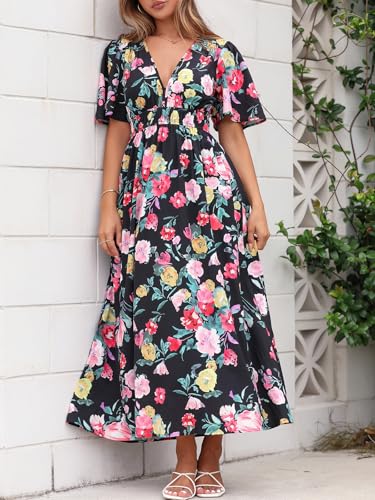 Image of Flessibili Womens Short Sleeve Floral Maxi Dresses 2026 Spring Wedding Guest Party Summer Dress Black Floral X-Large