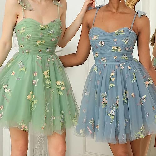 Image of Women's Tie Strap Tulle Prom Dresses Sweetheart Flower Embroidery Dress Short Formal Party Mini Homecoming Dresses