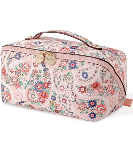Aveniee Travel Makeup Bag for Women, Large Cosmetic Organizer with Open-Flat Design, Clear Divider & Handle - Waterproof PU Leather Toiletry Case (Floral Pattern)