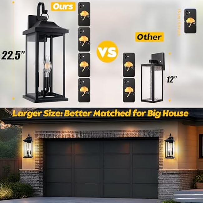 2-Pack 23 Extra Large Outdoor Wall Lights Candelabra 3-Light, IP65 Waterproof Exterior Lights with Clear Glass Front Porch Lanterns Outdoor Wall Sconce Lighting Outside Coach Lights, E12