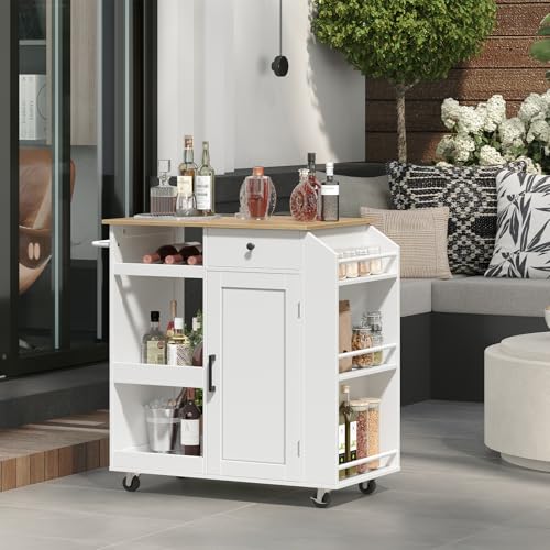 MAHANCRIS Kitchen Island with Power Outlet, Kitchen Storage Island with Drawer, Rolling Kitchen Cart on Wheels, Spice Rack, Towel Rack, Wine Rack, for Dining Room, White and Natural KINW122E01N1 by MAHANCRIS - Image 5