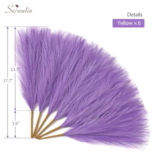 Image of Serwalin 6PCS Pampas Grass Decor, 17.7Inch Purple Artificial Pampas Grass Fluffy Fake Pompas Vase Filler Flower Arrangement for Home Wedding Decor