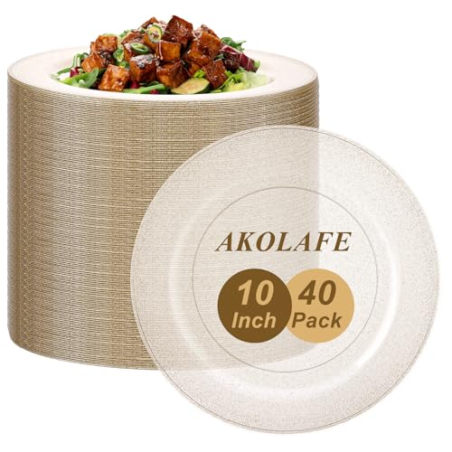 AKOLAFE 40 Stück Transparente Plastikteller Gold 26 cm Mehrweg Kunststoffteller 10 25 Inch Stabiles Plastik Teller Wiederverwendbares platzteller für Hochzeiten Party Geburtstage Weihnachten