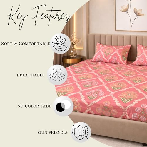 Image of THEA King Elastic Fitted Double Bedsheet Set| 100% Cotton Like Soft Fabric | Microfiber King Elastic Double Bedsheet for King Size Bed (72 X 78 x 10 inches) with 2 Pillow covers,Blush Mahal