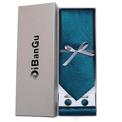 Image of DiBanGu Mens Silk Necktie Solid Color Tie and Pocket Square Cufflink Tie Clip Set Woven Plain Ties for Men Wedding Party