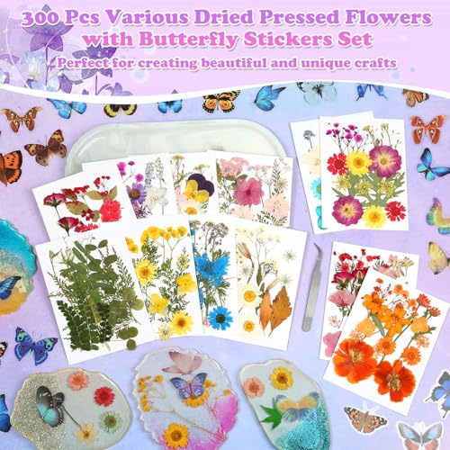 Image of 300 Pcs Real Dried Pressed Flowers & Butterfly Stickers for Resin Crafts | Natural Dry Wildflowers Leaves with Tweezer for Resin Jewelry Molds, Candle, Soap, Scrapbook, Bookmark, Frame, Card Making