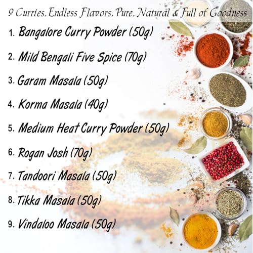 Nature Kitchen Indian Curry Gourmet Spice Seasoning Selection Mix Gift Set Kit. 9x Gluten-Free Herbs and Spices For Cooking Recipes. Including Blends For Vindaloo, Korma, Masalas and More