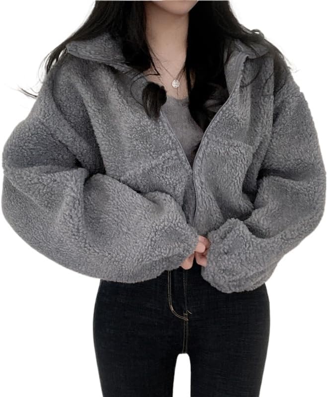 Tooe Y2K Fleece Zip-Up Jacket for Women Grunge Emo Cropped Sherpa Coat Acubi High Neck Zip Cardigan Alternative Streetwear