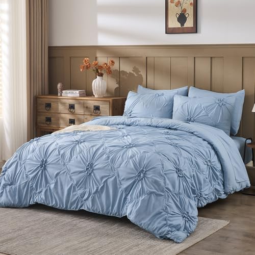 Image of Sky Blue Comforter Set Queen Size Bed in A Bag 7 Piece Pinch Pleat Bedding Set,Pintuck Ruched Flowers Bed Set with Comforter, Sheets, Pillowcases & Shams