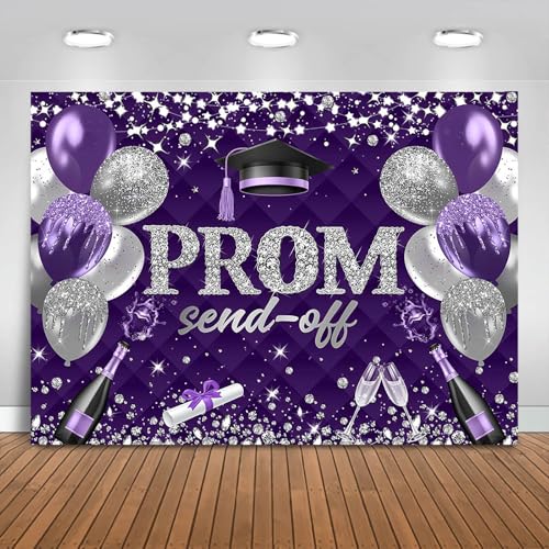 Fitumiw Prom Send Off 2026 Graduation Backdrop Class of 2026 Prom Background Party Decorations Congrats Grad Banner Photo Booth Props (Purple and Silver, 7x5ft)