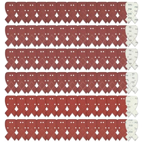 Image of Brackit 120 piece Mouse Sanding Pads with Hooks and Loops (20 Each of 60, 80, 120, 180, 240, 320 Grit) Triangular Detail Sander Sheets for Wood, Metal and Paint