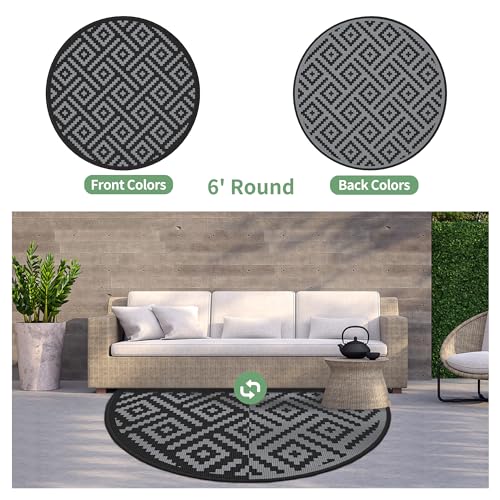 Image of GENIMO 6' Round Outdoor Rug for Patios Clearance, Reversible Plastic Straw Rugs, RV Camping Mat for Camper, Balcony, Backyard, Picnic, Deck, Black & Gray
