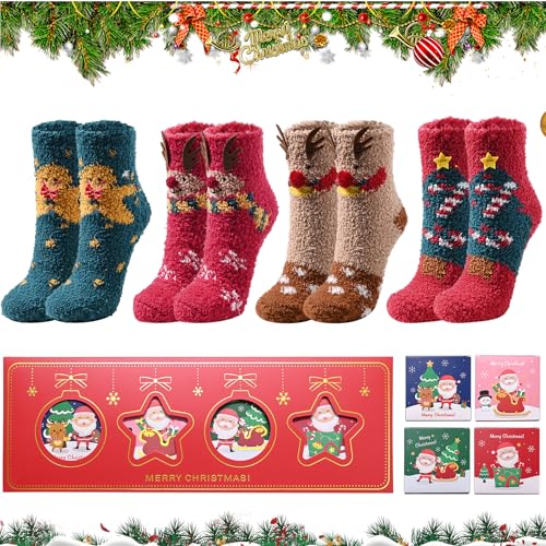4 Paia Calze Natalizie,Calze Natalizie Donna,Calzini Donna Invernali Calzini Natalizi Calzini Termici,Calzini Natalizi in Peluche da Donna con Scatola regalo - Regali di Natale per donne o ragazze