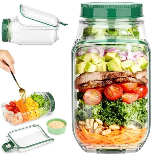 Tazanma Salad Jar with Side Opening,Leakproof Portable Salad Container with Dressing Compartment,Reusable Home, Office, Travel, Outdoor Salad Container for Lunch (Green)