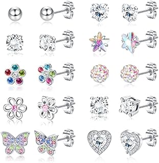 JeweBella 10 Pairs Small Stud Earrings Set for Women Surgical Steel Piercing Helix Cartilage Earrings Hypoallergenic Cute Butterfly Flower Heart Cubic Zirconia Earrings Set for Girls
