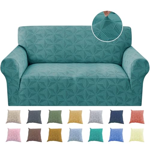 YEMYHOM 1 Piece Stretch Couch Covers for 2 Cushion Couch, Jacquard Loveseat Cover with Non-Slip Elastic Bottom, Thickened Slipcover Furniture Protector for Dogs Pets (Medium, Peacock Blue）