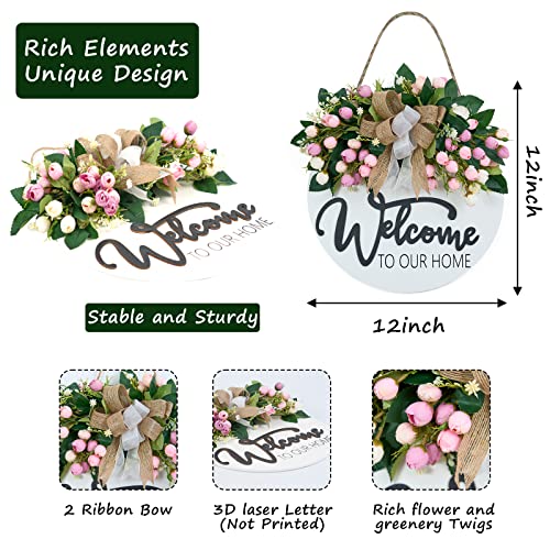 3D Spring Summer Welcome Wreaths For Front Door, Wood Door Hanger,Floral Porch Decor,Wall Plaque, Pink Flower Wreath,Farmhouse White Welcome Sign For Front Door-13 #TOP4