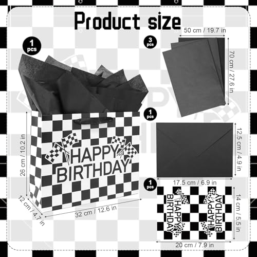 BOXOB Rennauto Geschenktüte, Geschenktüte Rennauto Geschenktüten mit Grußkartenumschlägen Schwarz Weiß Kariertes Sydney Papier für Geburtstagspartys