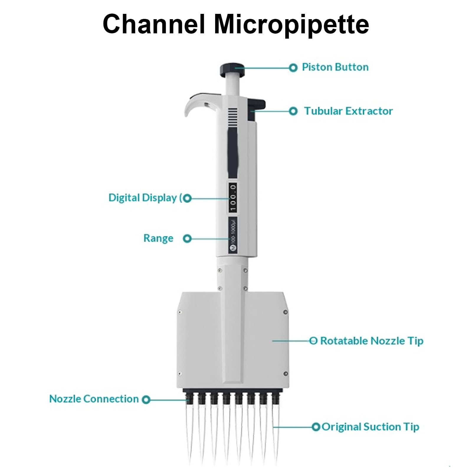 Mikropipette, 8 K, 10 μL Bereich, Präzisionskopf mit 360° Drehung und digitaler Volumenanzeige für genaue Flüssigkeitsprobenabgabe im Laboreinsatz