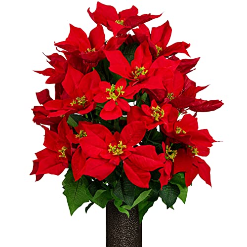 Sympathy Silks Artificial Cemetery Flowers - Christmas Grave Flowers - Christmas Red Poinsettias Bouquet for Cemetery Ground Vase