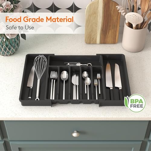 Image of Expandable Utensil Organizer for Kitchen Drawer - Adjustable Plastic Cutlery and Flatware Tray with 8 Compartments, BPA Free Silverware Holder for Spoons, Knives, Spatula and Cooking Tools