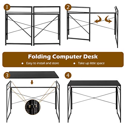 Tangkula Folding Computer Desk, Study Writing Desk With 6 Hooks, Modern Simple Pc Laptop Desk With Sturdy Metal Construction, Space Saving Writing Table For Home Office (Black) #TOP5