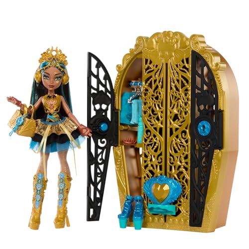 Monster High Skulltimate Secrets Monster Mysteries Cleo de Nile, Muñeca con armario y 19 accesorios sorpresa con los que crear 125 looks diferentes, juguete regalo para niños y niñas +4 años, HXH86