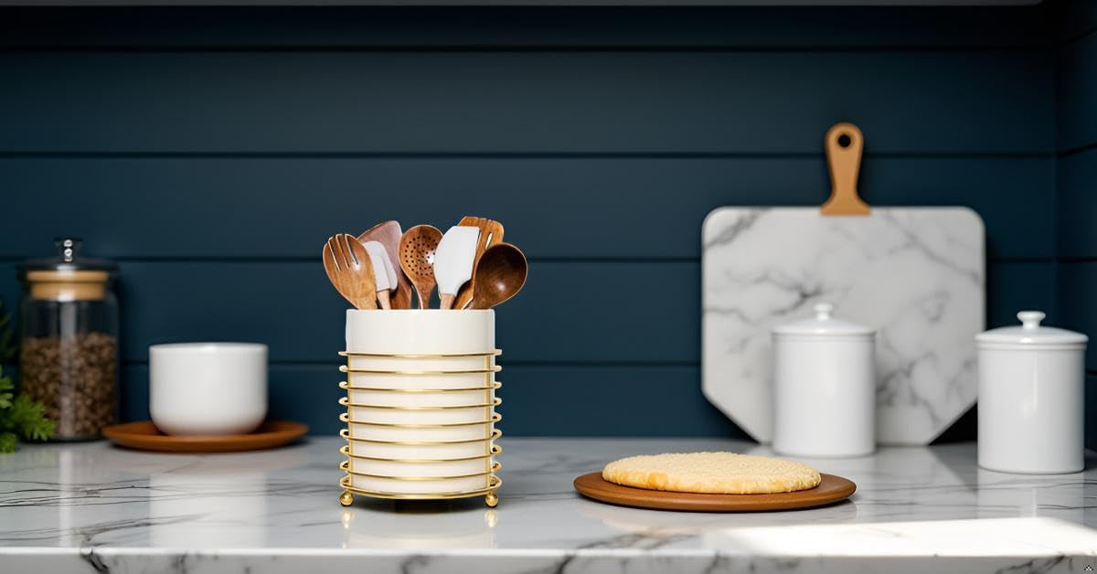 Utensil Holder for Kitchen Counter Large Cooking Utensil Holder,Gold Ring Metal Frame and White Ceramics