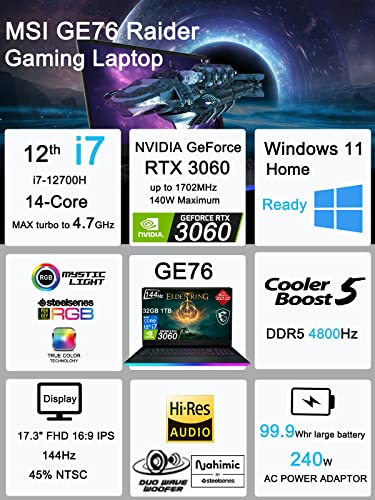 Msi Ge76 Raider 17.3" 144Hz (Intel 12Th Gen I7-12700H (Beat I9 11980Hk), Geforce Rtx 3060 6Gb 140W, 32Gb Ddr5 Ram, 1Tb Pcie Ssd) Fhd Thin Bezel Gaming Laptop, Thunderbolt 4, Rgb Backlit, Win 11 Home #TOP1