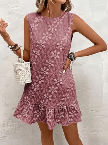Image of SOLY HUX Women's Ruffle Hem Sleeveless Tank Dress Round Neck Casual Jacquard Hem Smock Summer Mini Dresses