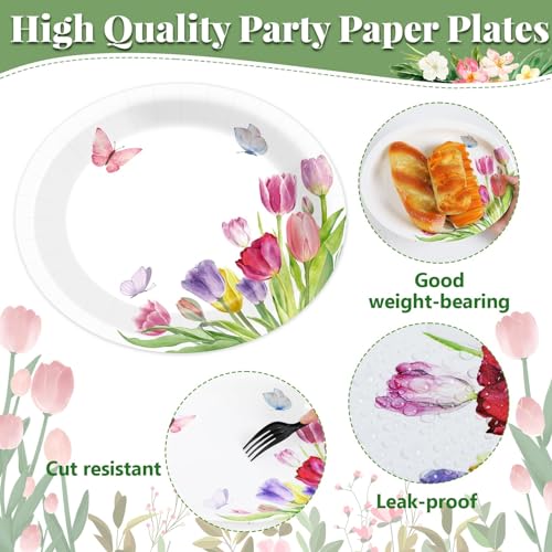 50 Count Spring Summer Tulip Oval Plates Tulip Flower Party Disposable Plates 11*9inch Tulip Theme Paper Plates Blossom Large Disposable Platter for Easter Picnic Spring Summer Party Decoration Favors