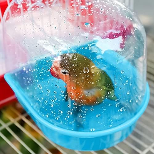 Bird Bath Tub,Hanging Bathtub Bird Cage Supplies with Hooks,Water Shower Transparent Box Food Feeder Holder Tray for Small Birds, Canary, Budgies,Parrot 13X14X13cm (Blue)