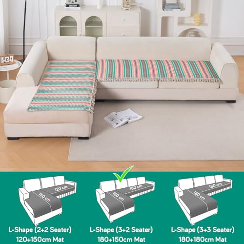 Image of HOKIPO 'Artisan Boho Series' L Shape (3+2 Seater) Seat Mat for Sofa | Thick 450 GSM Cotton Acrylic Jacquard Fabric Cover with Tassel, Mint Green (IN-904+903-A7)
