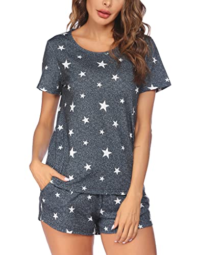 Ekouaer Sleepwear Women's Star Print Shorts Pajama Set 2 Pieces Ladies Loungewear S-Xxl(Dark Grey White Star, Small) #TOP5