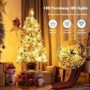 Goplus 4ft Flocked White Christmas Tree for Entrances, 2 Pack Pre-lit Artificial Xmas Tree w/Warm White 100 LED Lights, Flowers & White Berries in Black Urn Base, Porch Festival Holiday Decoration Goplus 4ft Flocked White Christmas Tree for Entrances 2 Pack Pre lit Artificial Xmas Tree wWarm White 100 LED Lights Flowers White Berries in Black Urn Base Porch Festival Holiday Decoration