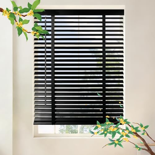 Cordless,2 Inch Faux Wood Blind,with Crown Valance,38" W x (Custom Size 20" H to 130" H), 1",1.4",2",Thermal Insulated Window Blinds,Wood Blinds & Shades,Blind for Indoor Windows,Black.