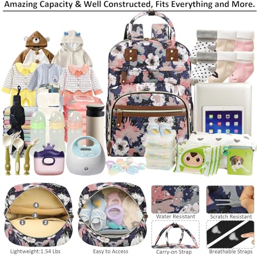 Image of Diaper Bag Backpack Tote for Women Large Capacity, Multifunctional Waterproof Baby Bag with Insulated Pockets For Baby Girl Boy Mama, Maternity Bag Floral Painting
