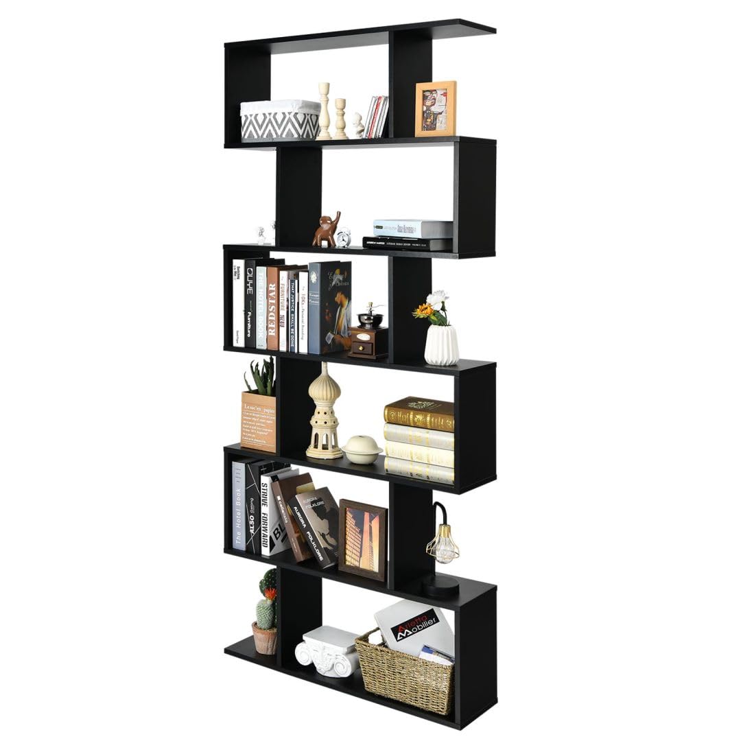 SFAREST 5/6 Tier Bookcase, Wooden S-Shaped Bookshelf, Freestanding Shelving Display Storage Organizer Unit for Living Room Study Room Office (Black, 80 x 23 x 192cm) — image 1
