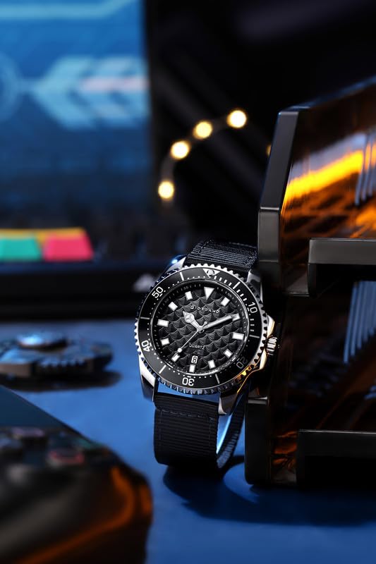 Image of Giordano Analog Quartz Watch for Men with Black Textured Fish Scale Dial, Luminous Hands & Markers, Date Window, Nylon NATO Strap, Rotating Bezel