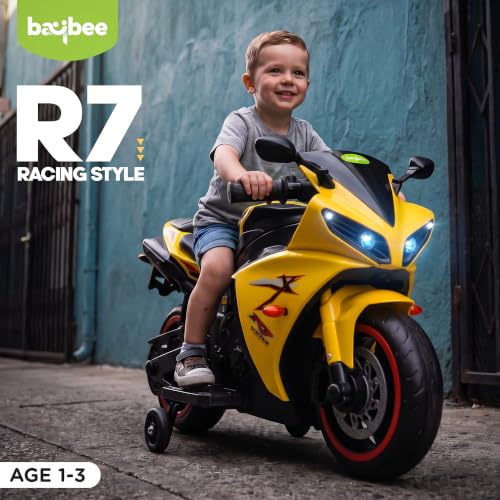Image of Baybee R7 Baby Electric Bike for Kids with Foot Acceleration | Rechargeable Ride on Baby Bike with LED Lights & Music | Toddler Battery Operated Bike for Kids to Drive 1 to 3 Years Boys Girls (Yellow)