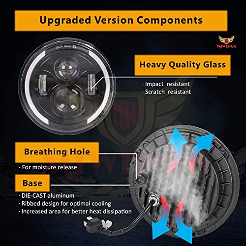 Image of Miwings 6 LED Projector Headlight with Dual Color DRL Half Ring For Mahindra Thar /Jeep /Royal Enfield Bike Models, 7 Inch, White & Amber