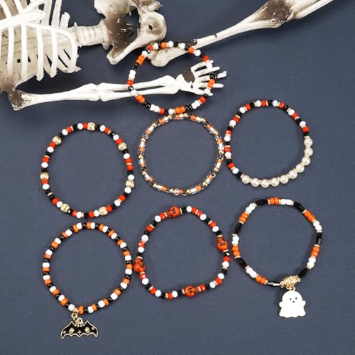 Halloween Bracelets for Women Boo Pumpkin Skull Ghosts Stretchy Beaded Bracelets Spooky Skeleton Bat Cat Stackable Bracelet Christmas Bracelet Jewelry3
