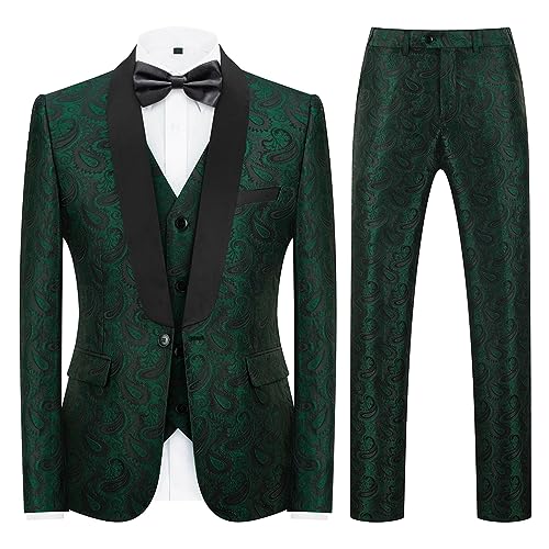 Mens Suits 3 Piece Slim Fit Tuxedo for Men Paisley Suit Prom Tux Shawl Lapel One Button Blazer Vest Pants Set