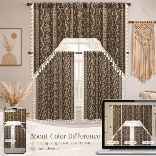 Image of Yinhua Boho Swag Valance Curtains Vintage Linen Valances for Windows Light Filtering Floral Kitchen Valance Rod Pocket Rustic Tassel Window Valances for Bathroom Cafe, 60 inch W x 36 inch L, Brown