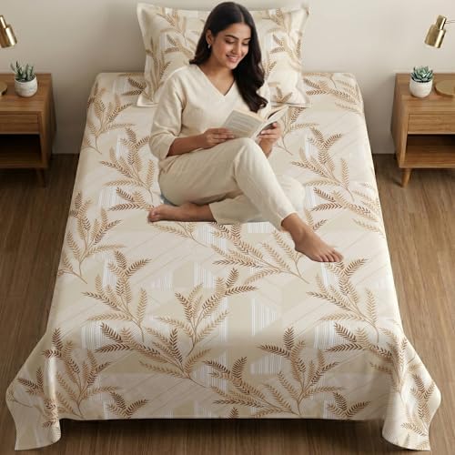Image of Mafatlal 186 TC Metro Cotton Single Bedsheet | 90 x 60 Inch|Soft, Breathable & Lightweight | with Matching Pillow Cover| Cream Gold