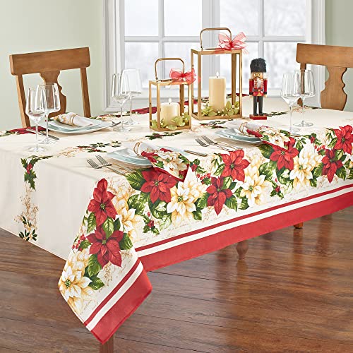 Elrene Home Fashions Red And White Poinsettia Holiday Fabric Tablecloth, 60" X 120", Multi #TOP11